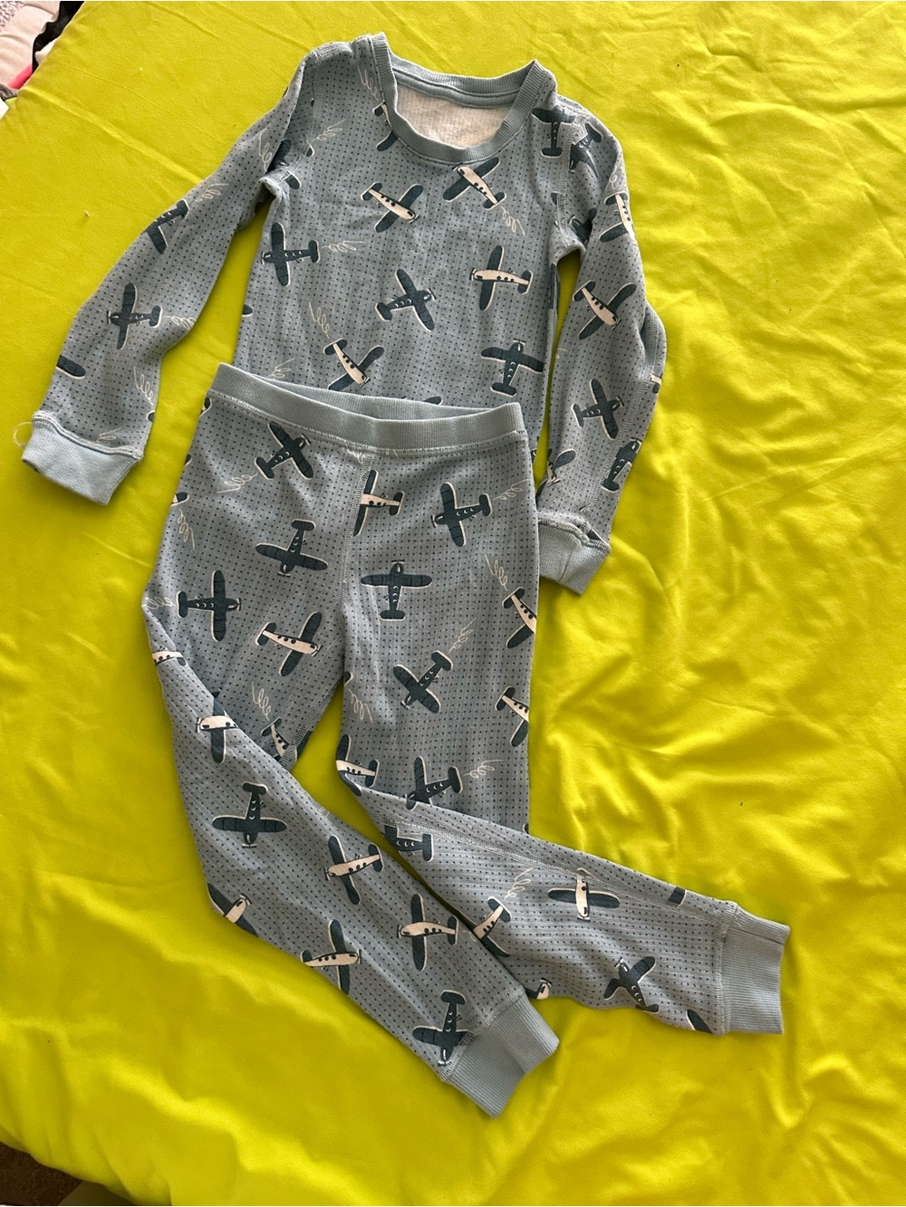 Kids Airplane Print Thermal Pajama Set - Light Blue